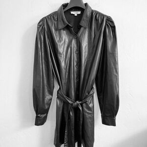 Peter Som Vegan Faux Black Leather Button Down Belted Collar Shirt Dress EUC